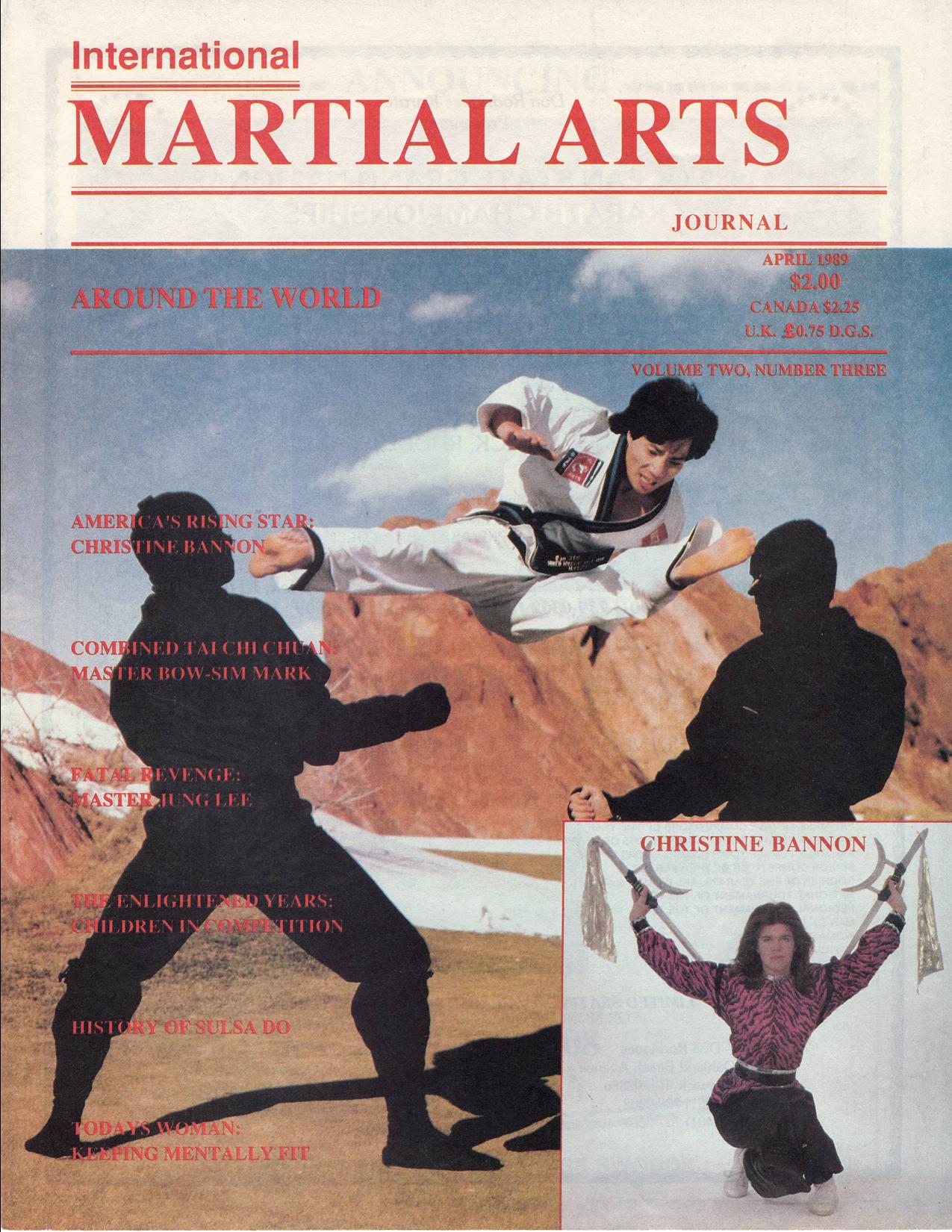 Julian Lee leaps into action (performing scissor kick) - cover story of Intl Martial Arts Journal