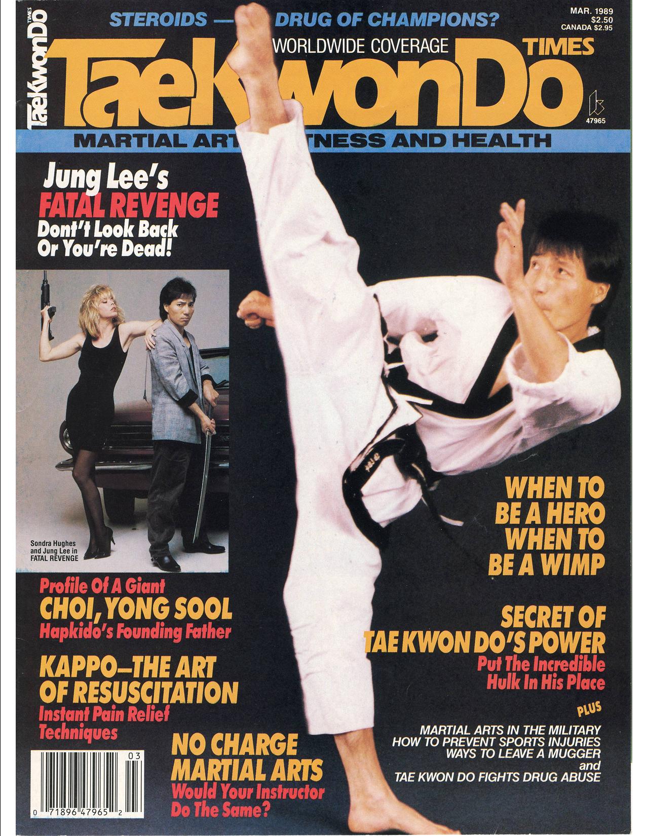 Julian Lee performs a high roundhouse kick for Taekwondo Times cover story