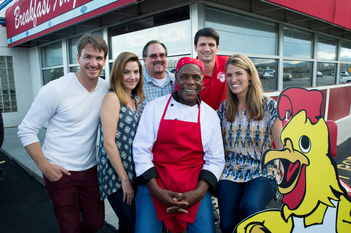 Steven A Lee on the set of Waffle Street with Danny Glover, James Lafferty, Julie Gonzalo, Autumn McAlpin, and Brad Johnson.