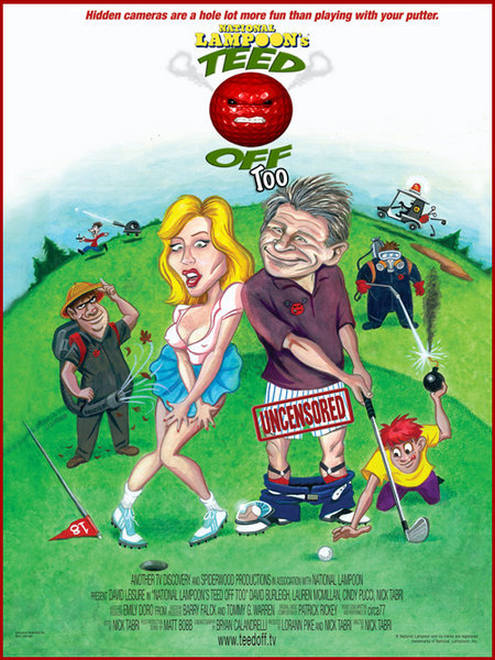 Caricature illustrations of David Leisure and Cindy Pucci from National Lampoon's Teed Off Too.
