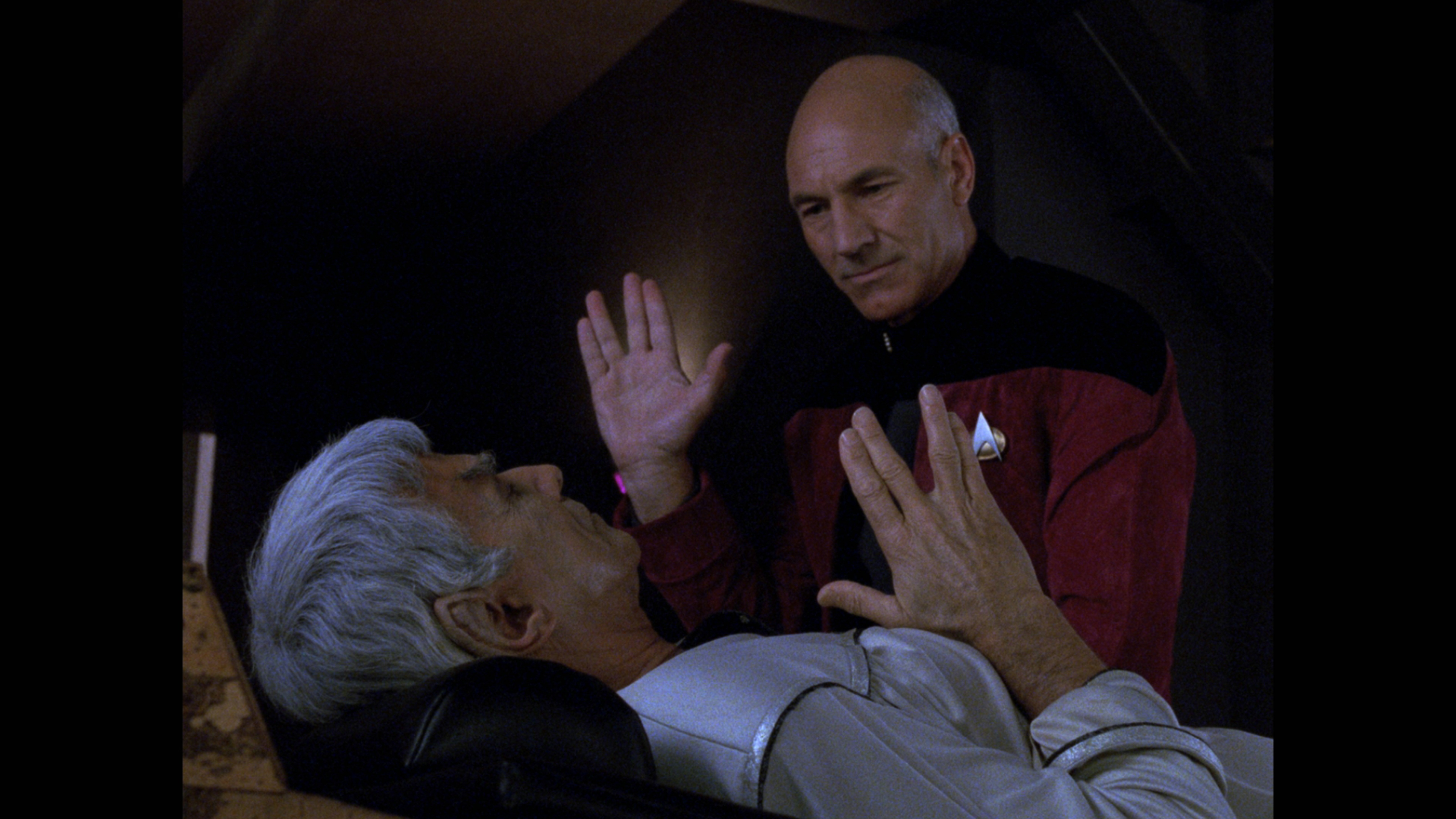 Still of Patrick Stewart and Mark Lenard in Star Trek: The Next Generation (1987)