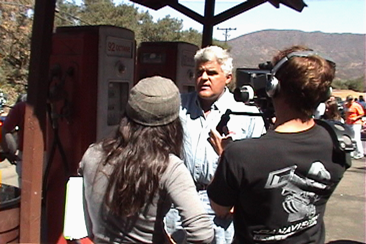 Still of Alex Madison, Jay Leno, Christopher Leps during filming of Ed & Vern's Rock Store