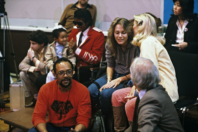 Emmanuel Lewis, Michael Jackson and Quincy Jones at the recording session for Frank Sinatra's album 