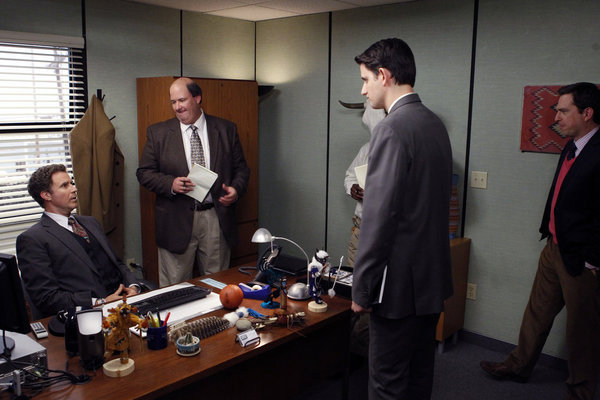 Still of Will Ferrell, Gabe Lewis, Brian Baumgartner, Zach Woods and Andrew Bernard in The Office (2005)