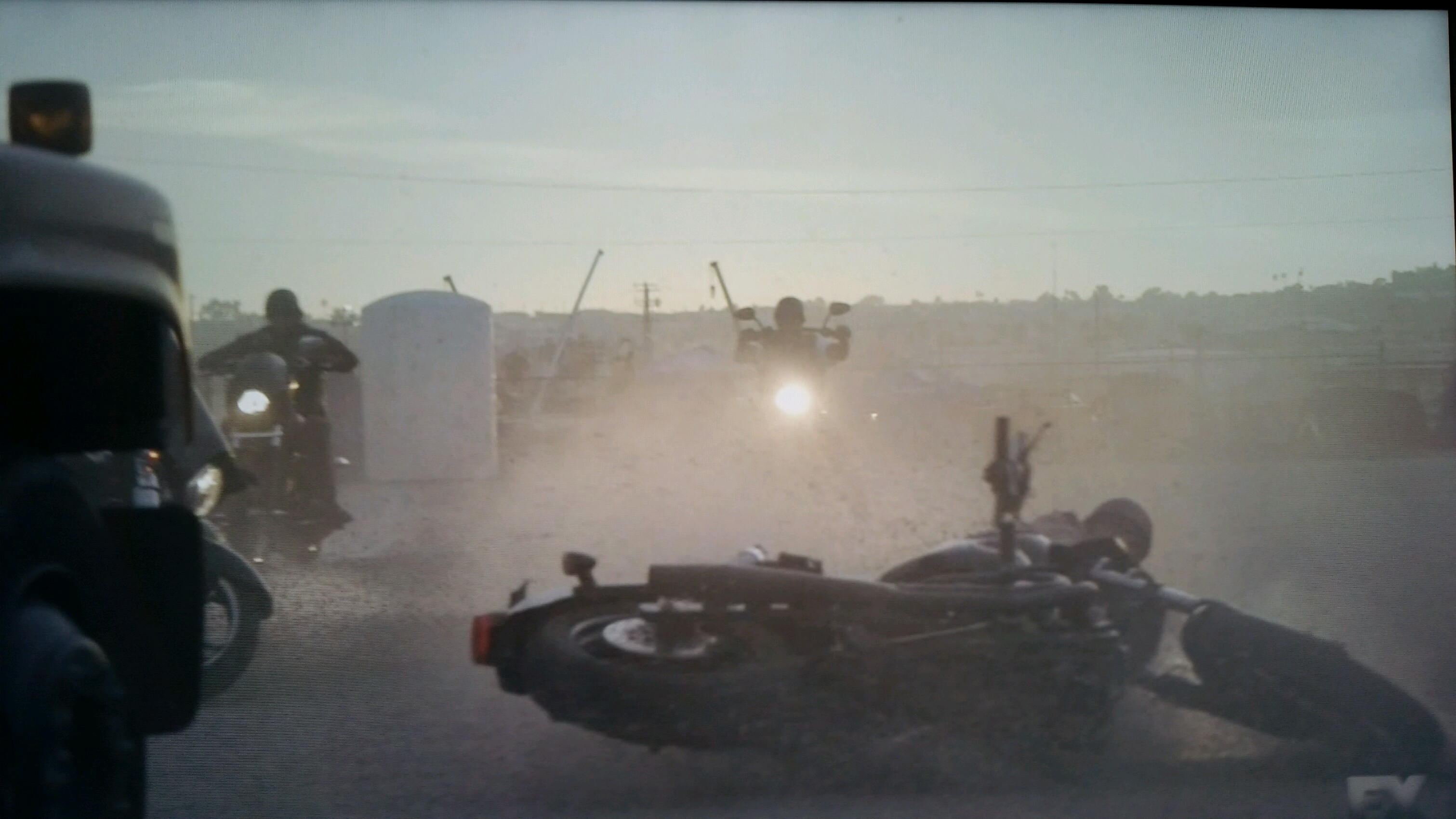 Sons of Anarchy finale. Tom McComas and stuntmen throw bikes down for crash scene during chase.
