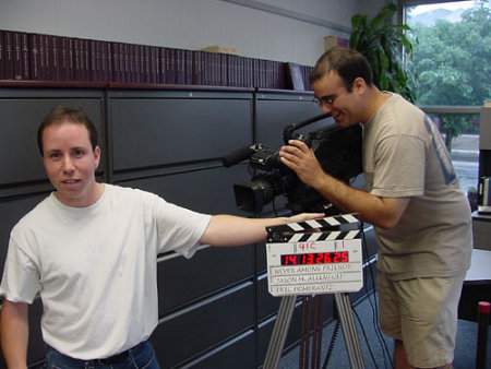 Jason L. Liebman, producer, and Eric Pomerantz, director of photography, on the set of Never Among Friends.