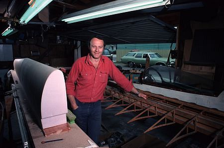Larry Linville in his San Fernando valley workshop working on his Glider 1976