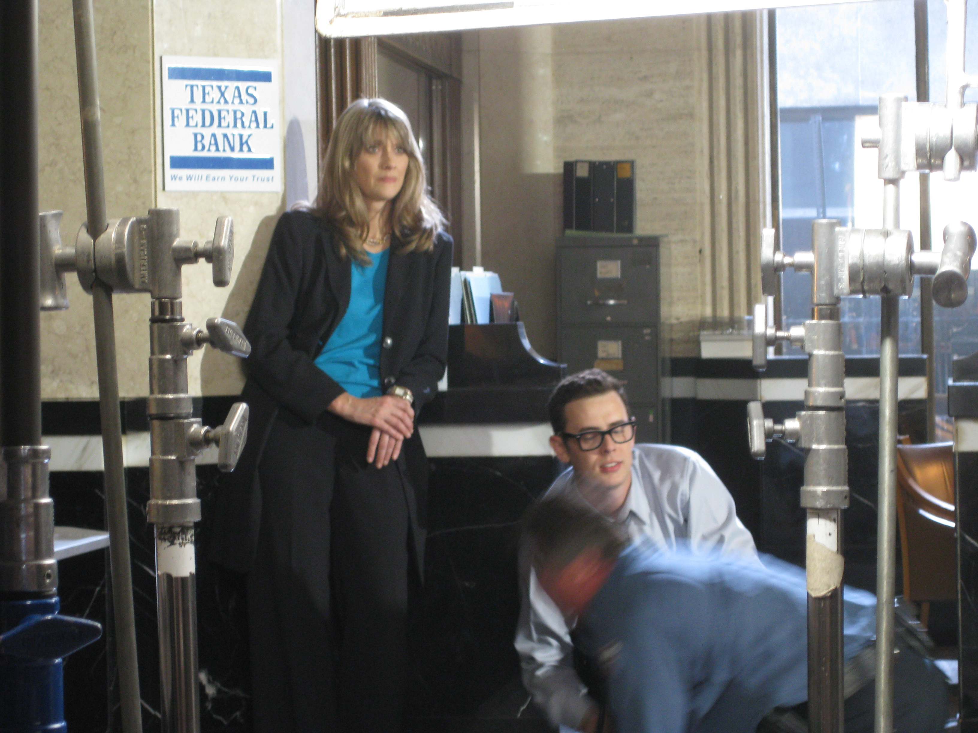 Ellen Locy rehearsing The Good Guys, with Colin Hanks and Bradley Whitford