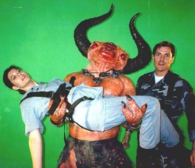 Denny Logan with the monster and hero from the test shoot of the Doom CDRom