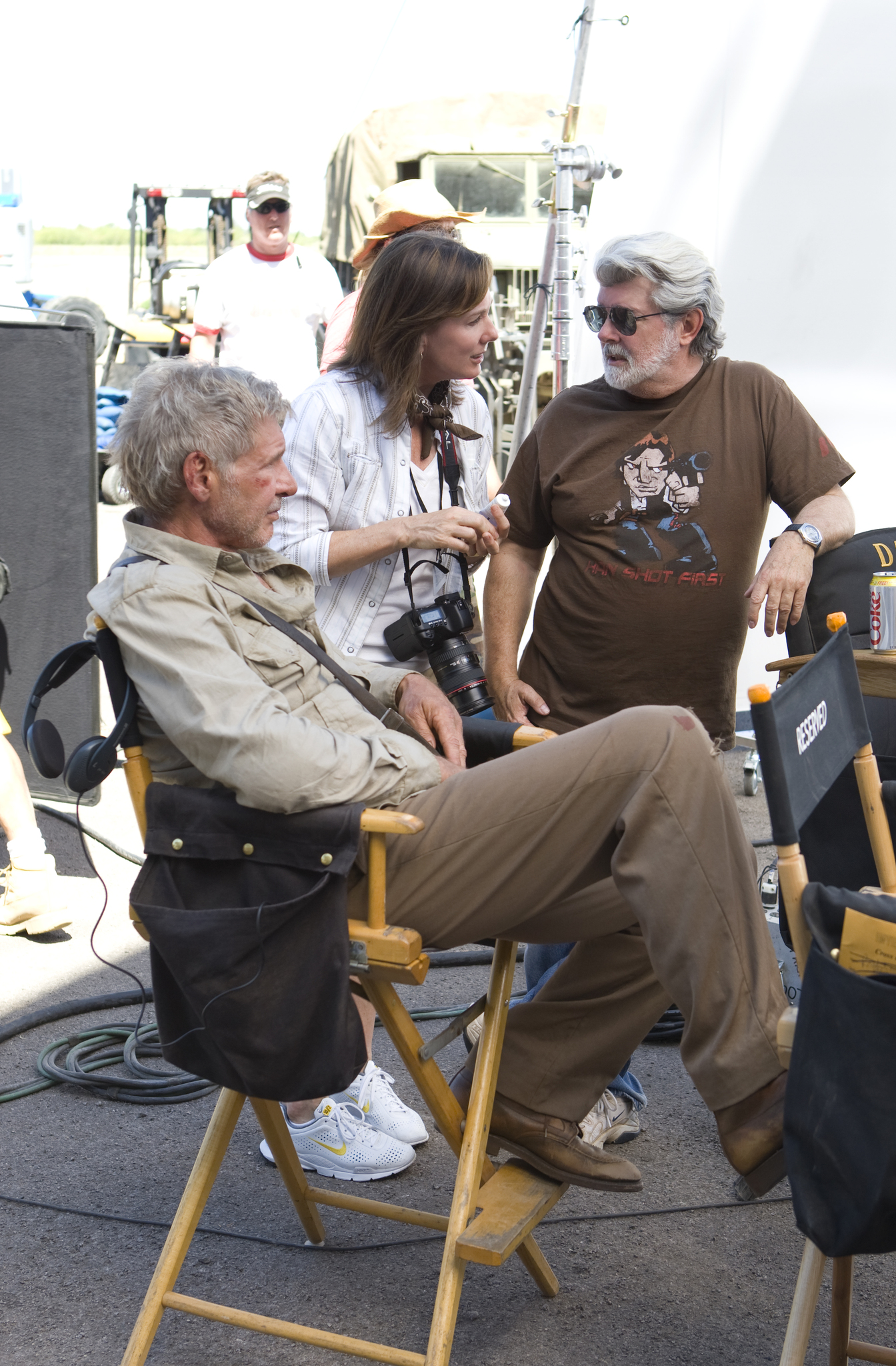 Still of Harrison Ford, George Lucas and Kathleen Kennedy in Indiana Dzounsas ir kristolo kaukoles karalyste (2008)