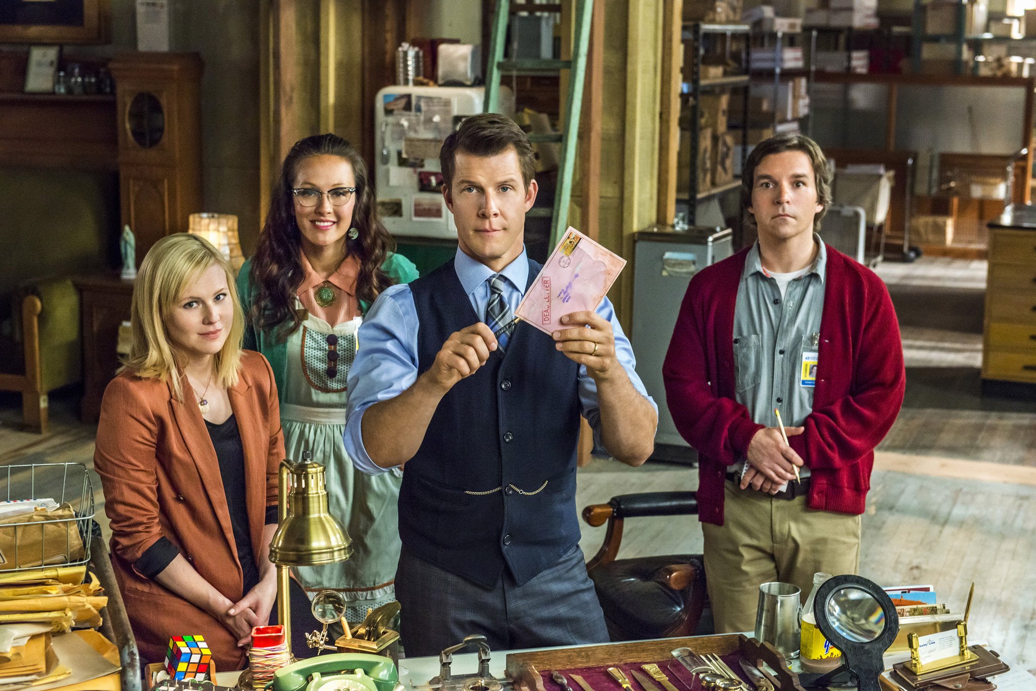 Still of Kristin Booth, Crystal Lowe, Eric Mabius and Geoff Gustafson in Signed, Sealed, Delivered (2014)