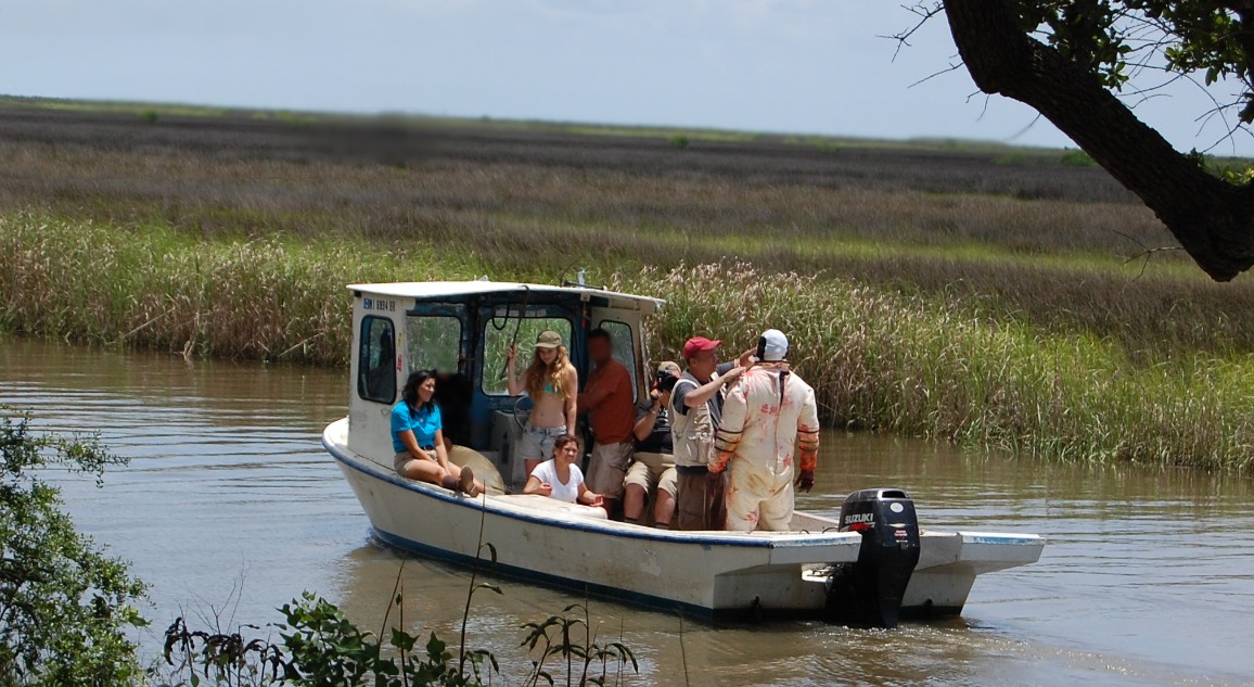 Cast and crew prepare to shoot a scene on the bayou in 