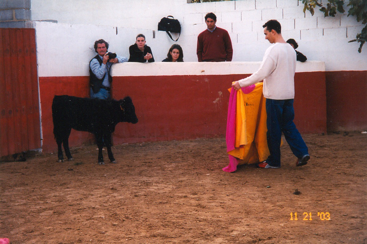 Vincent with the so called Baby Bull which still weighed more than me. Looked on by Spain's most famous Matador checking on how bad my technique is in Valencia, Spain:)