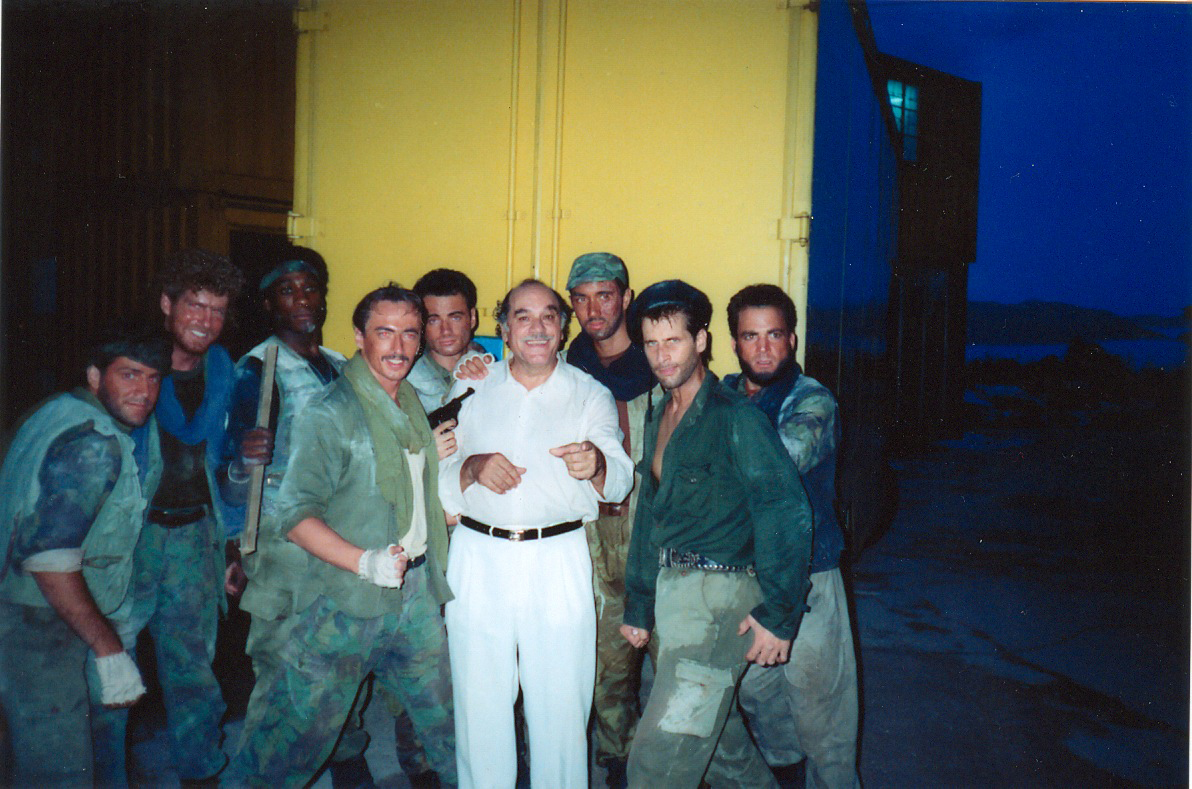 Vincent standing next to longtime friend Aldo Sambrell and the Gwailo Brigade on the set of 