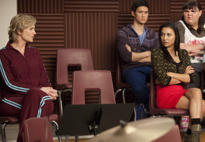 Still of Jane Lynch, Naya Rivera and Ashley Fink in Glee (2009)