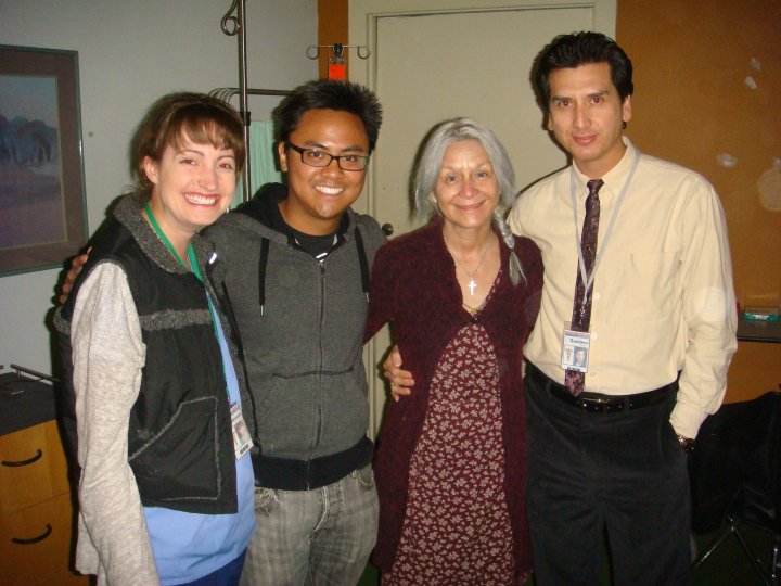 Willow Hale as blind artist Elise Johansen in The Pebble Beach with cast member, Sherill Turner, producer Michael Papilla and cast member, Wenceslao Salguero.