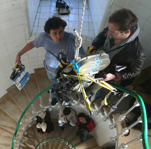 In the staircase of a lighthouse - right: DOP Manuel Mack