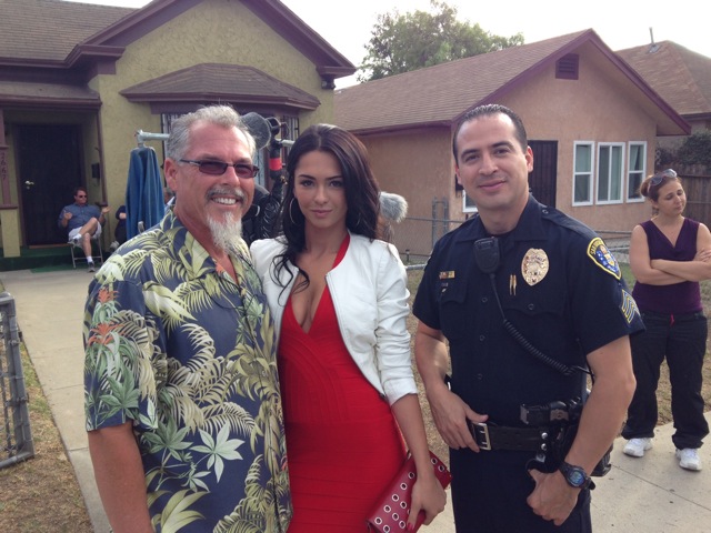 Mark Maine, Antoinette Kalaj & San Diego Police Sgt. Ben Gutierrez on the set of Abuela's house in La Migra.