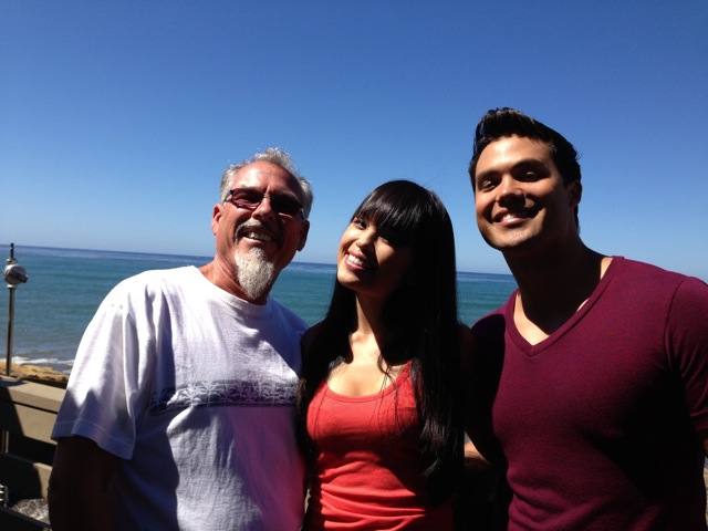 Mark Maine, Nikki SooHoo & Michael Copon at the beach house on the set of La Migra