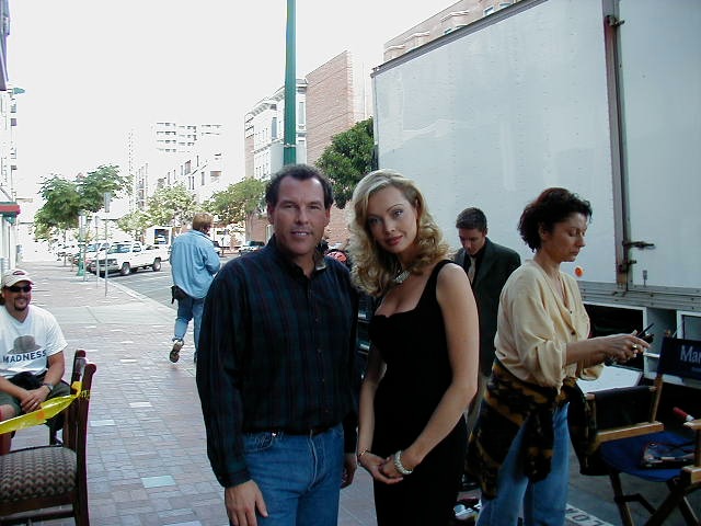 Mark Maine & Kimberley Davies on the set of The Month of August in front of Candelas restaurant down town San Diego