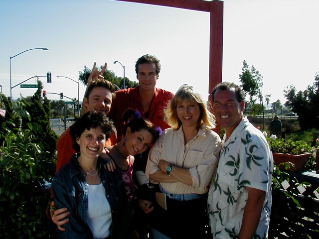 Mackenzie Astin, Randall Batinkoff, Vida Maine, Ali Hillis, Candy Clark & Mark Maine in front of the Miracles Cafe in Carlsbad CA on the set of The Month of August