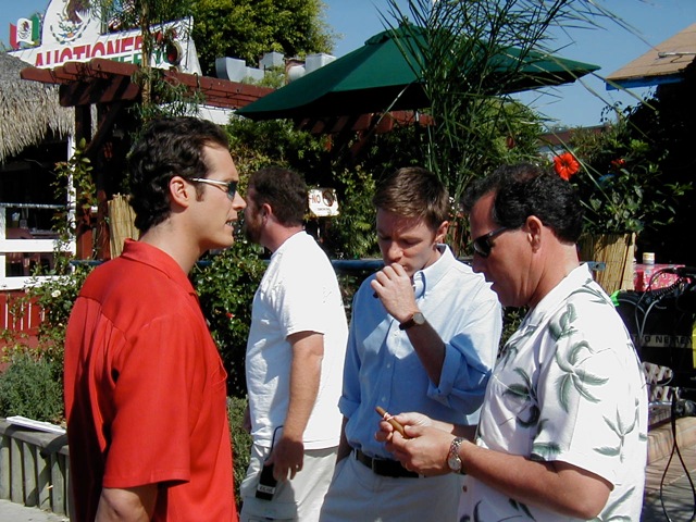 Randall Batinkoff, Mackenzie Astin & Mark Maine in front of the Miracles Cafe in Carlsbad CA on the set of The Month of August