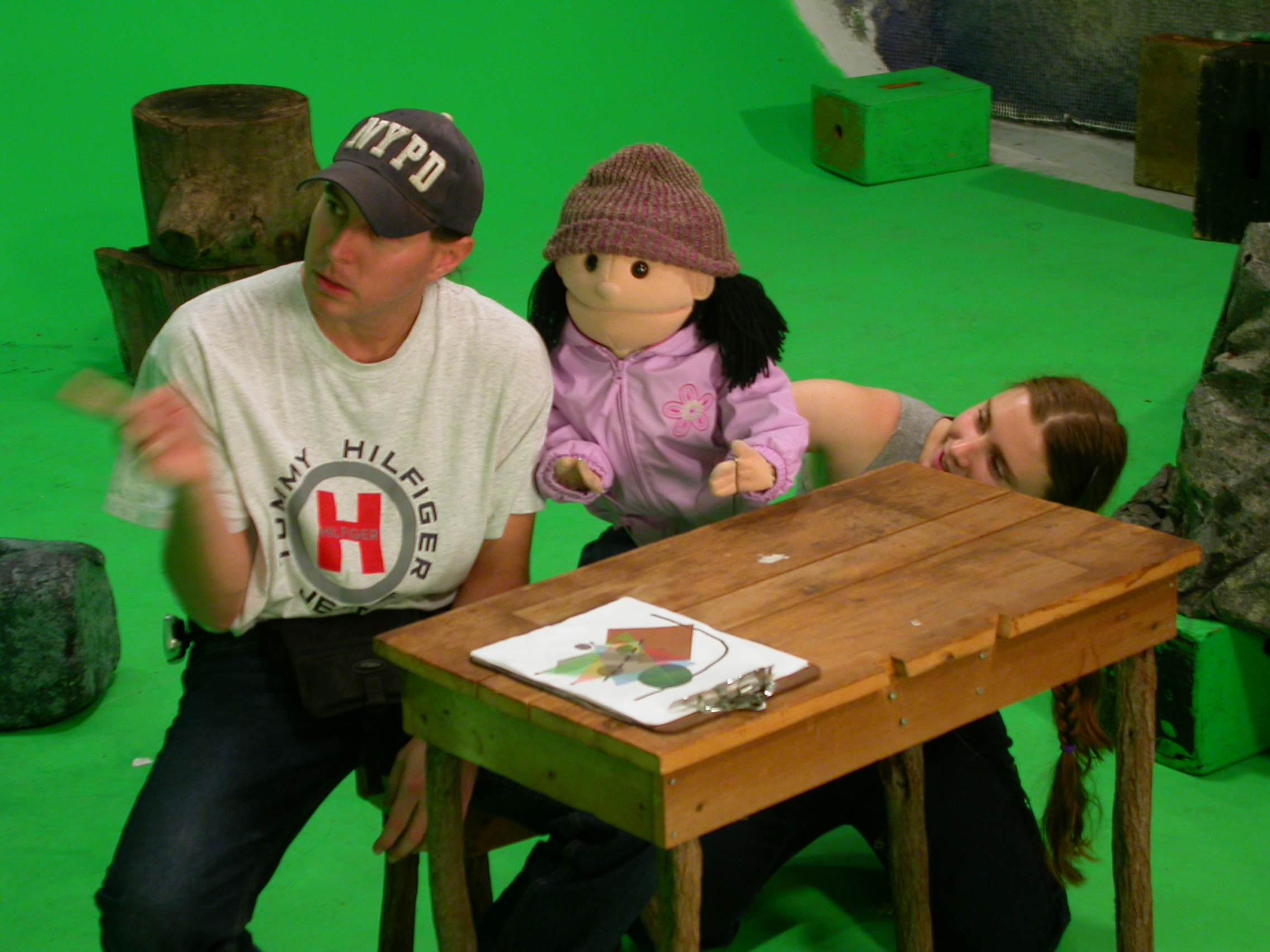 Directing the pilot for HELLO GOD, with Emma, the puppet and Carrie Costello, puppeteer.