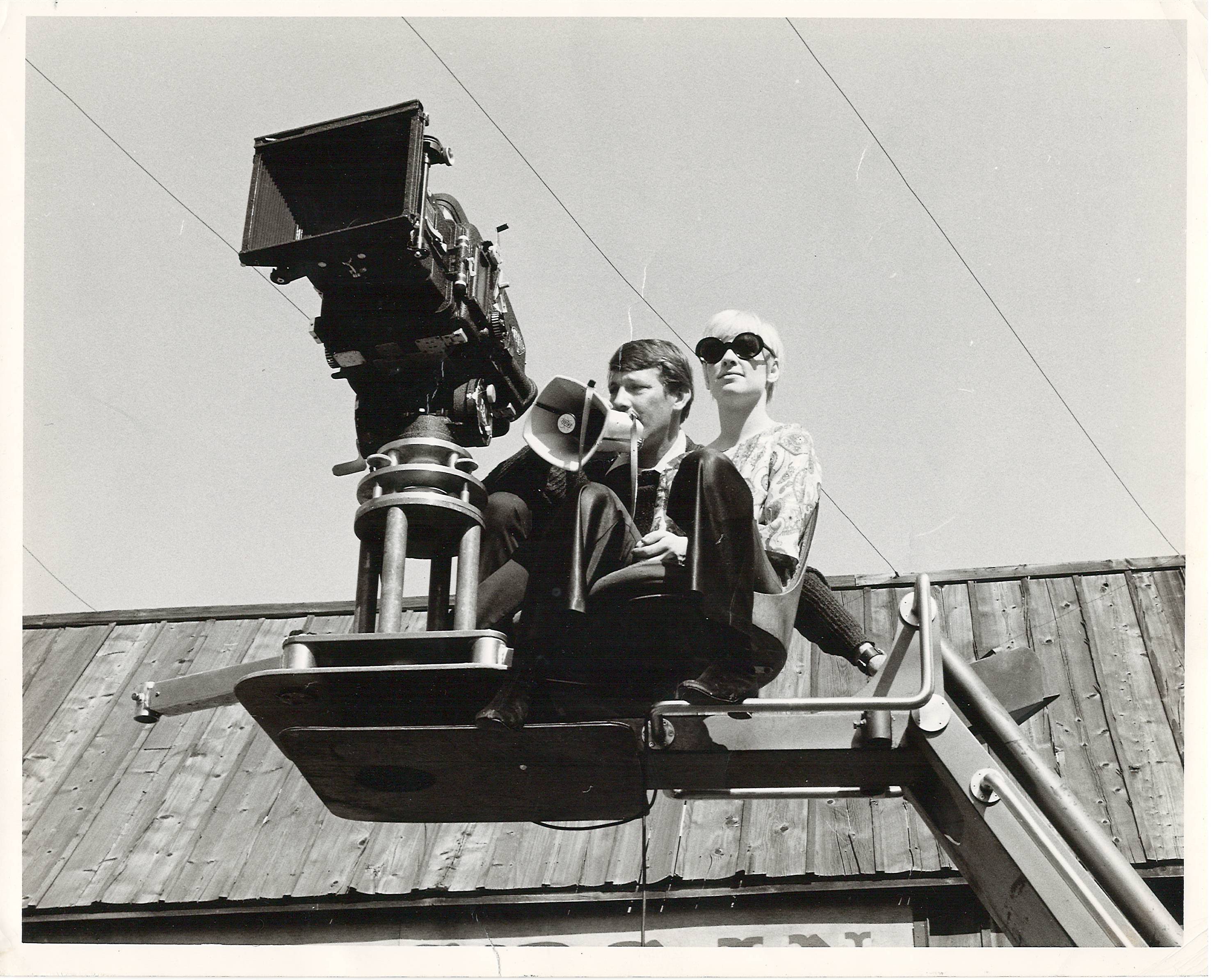 Shari Mann (Sharon Evanoff) with cameraman on set during filming 1968.