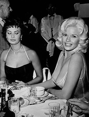 Jayne Mansfield and Sophia Loren at Romanoff's, Beverly Hills, circa 1958. Modern silver gelatin, 14x11, signed. $1200 © 1978 Joe Shere MPTV