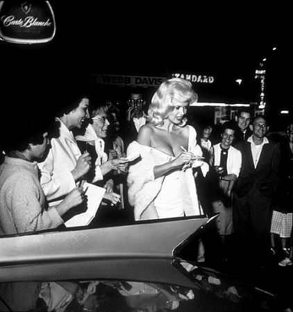 Jayne Mansfield in front of Dino's Restaurant on Sunset Blvd. in Los Angeles, CA, 1961.