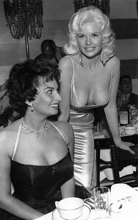Sophia Loren with Jayne Mansfield at Romanoff's in Beverly Hills, CA, 1958.