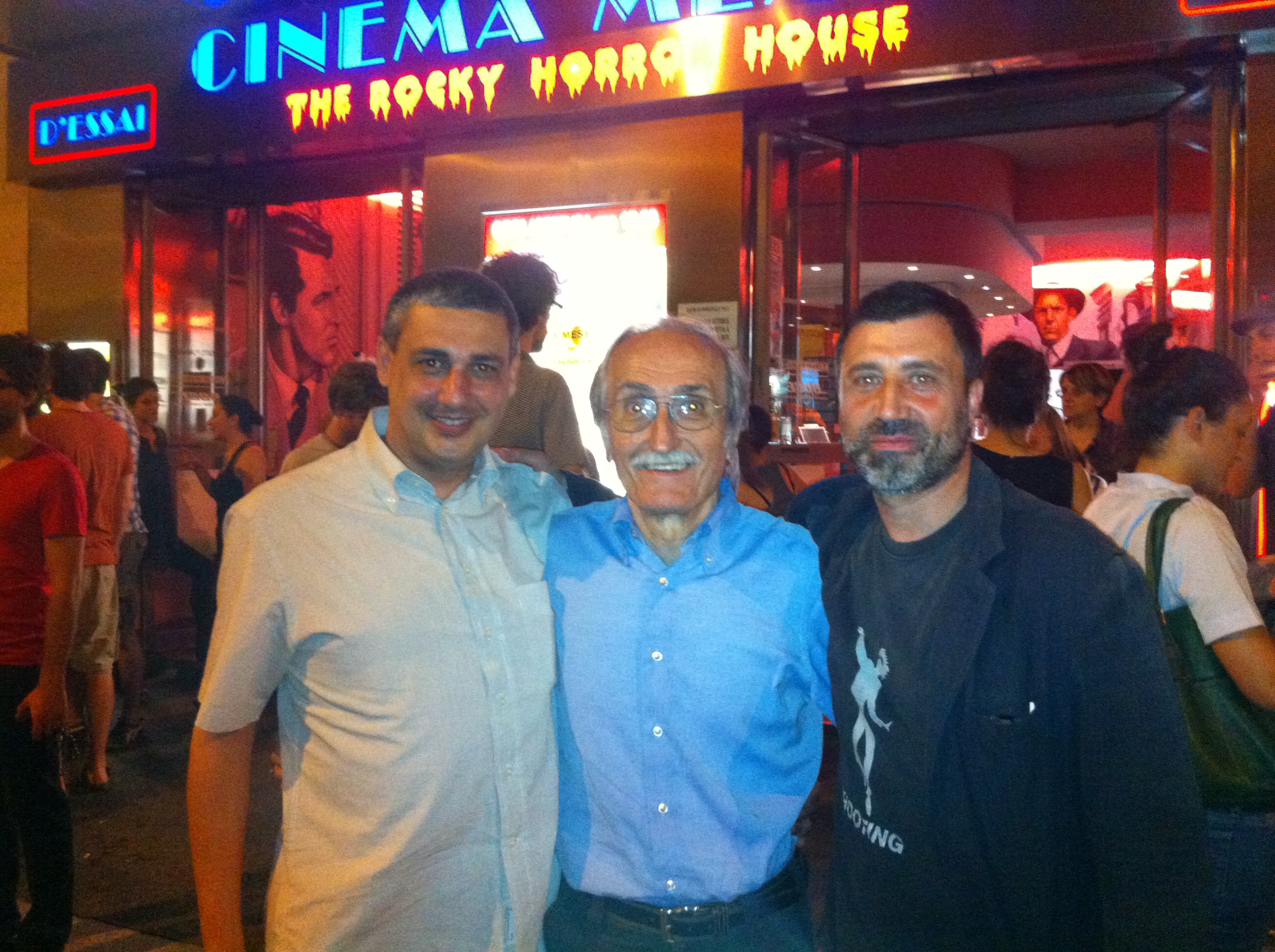 Davide Manuli in Milan, in front of the historical movie theatre CINEMA MEXICO, with its owner Antonio Sancassani and writer Giuseppe Genna, for the presentation of LA LEGGENDA DI KASPAR HAUSER.