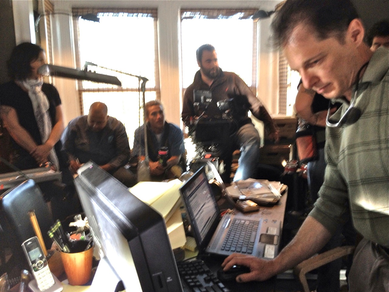 Prepping playback software on the set of The Unknown (Crackle.com's webisode series).