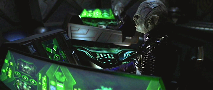 Star Trek: Nemesis. On board the Reman ship. Console playback graphics projected onto translucent curved screens.