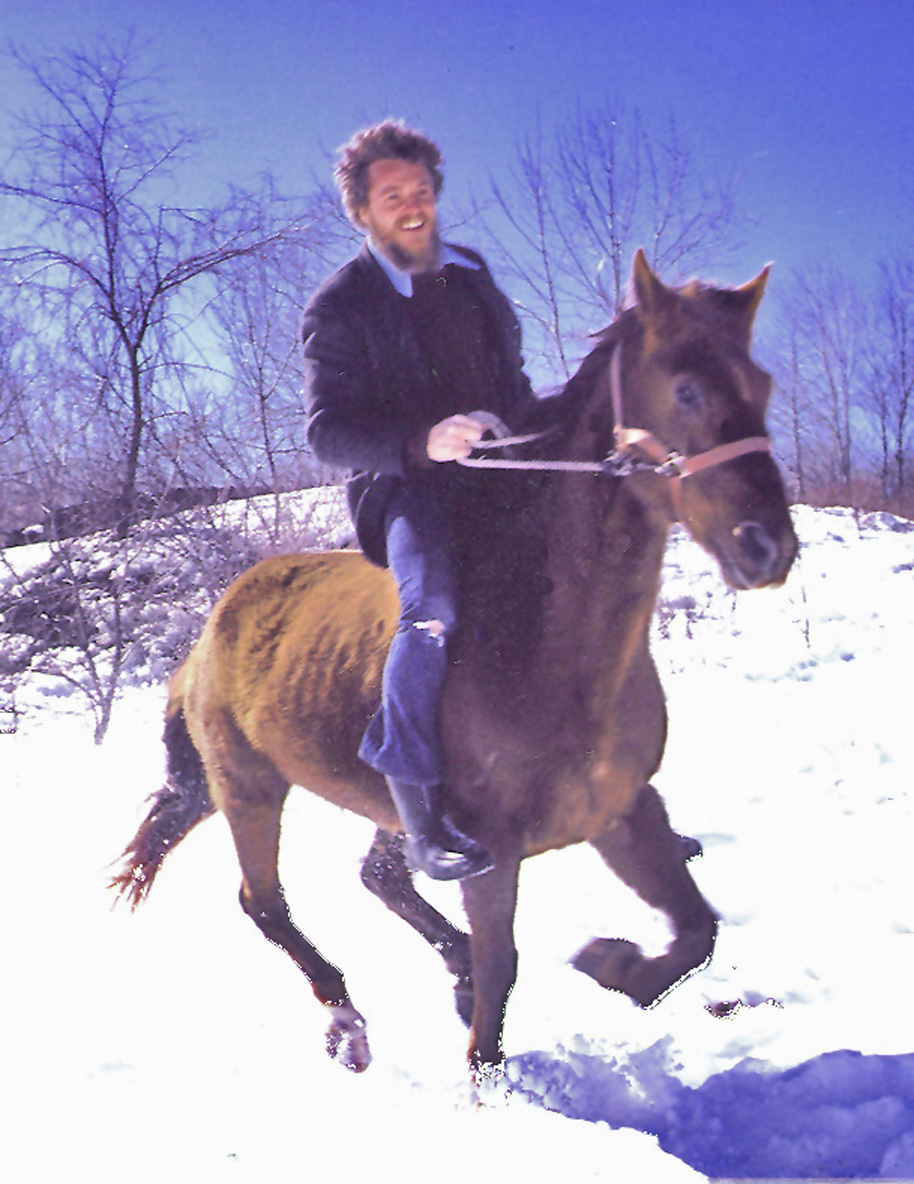 William Waterway riding Bishop on artist Eric Sloane's Warren, CT estate - where William and his two horses from the 7,500 RIDE FOR NATURE adventure enjoyed a winter sojoourn.