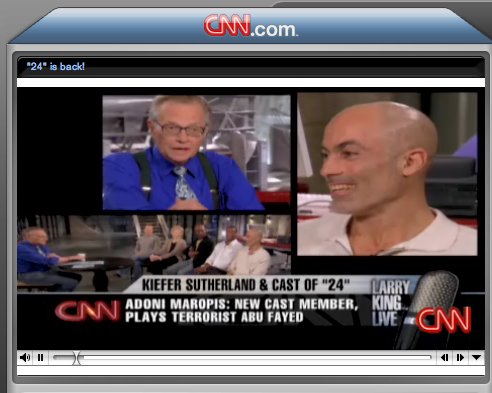 Adoni on Larry King talking 24... told story of his father being in terrorist attack--yet not spreading hate to Adoni at age 10.