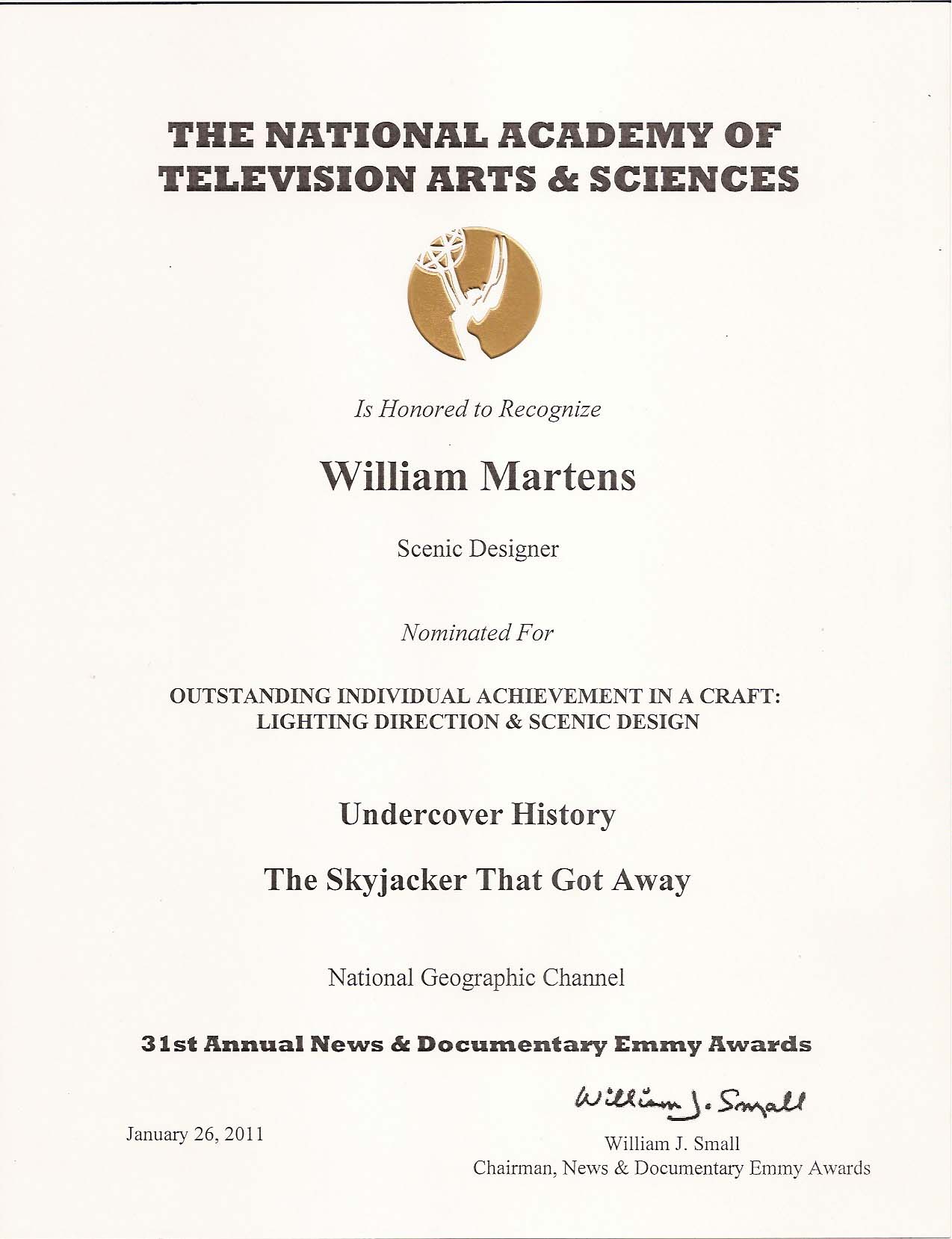 Emmy nomination certificate