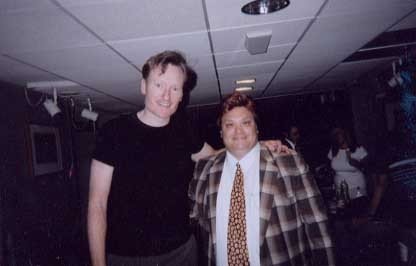 Conan O'Brien and Adrian Martinez on the set of LATE NIGHT.