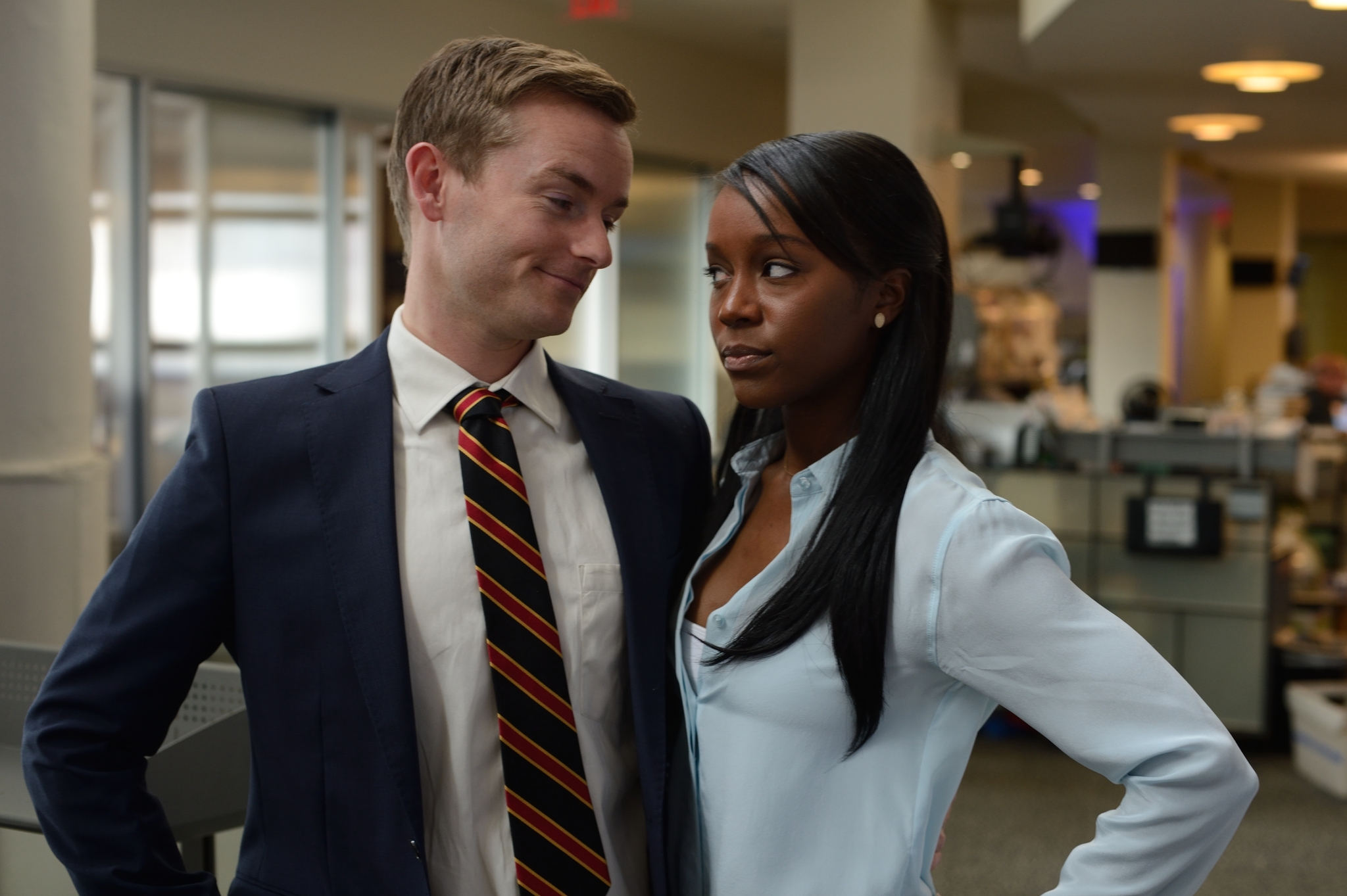Still of Christopher Masterson and Aja Naomi King in Onion News Empire (2013)