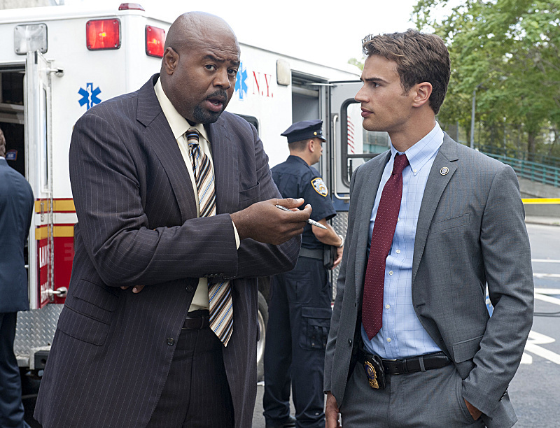 Still of Chi McBride and Theo James in Golden Boy (2013)
