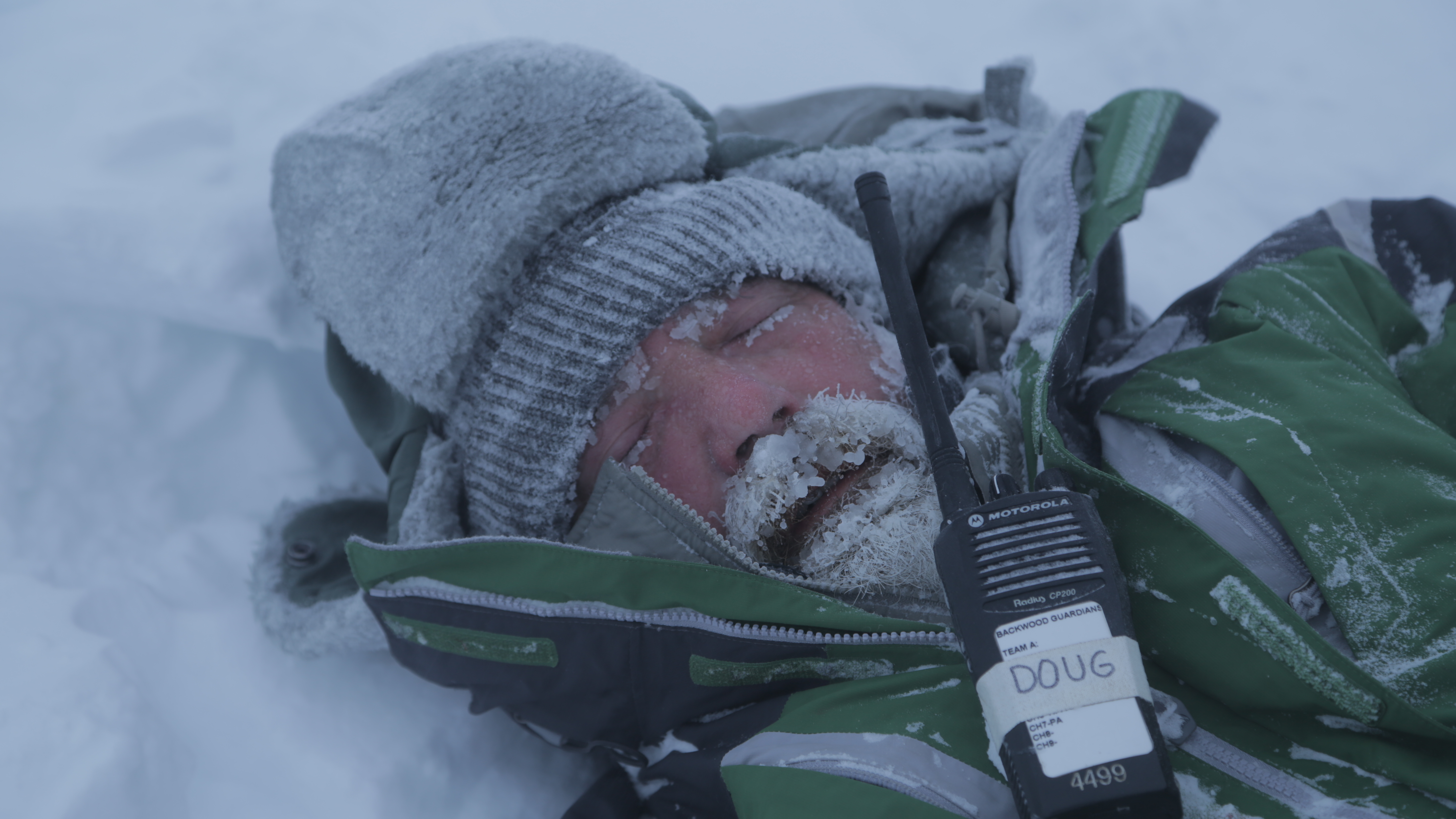 Napping in the Arctic during a white-out blizzard.