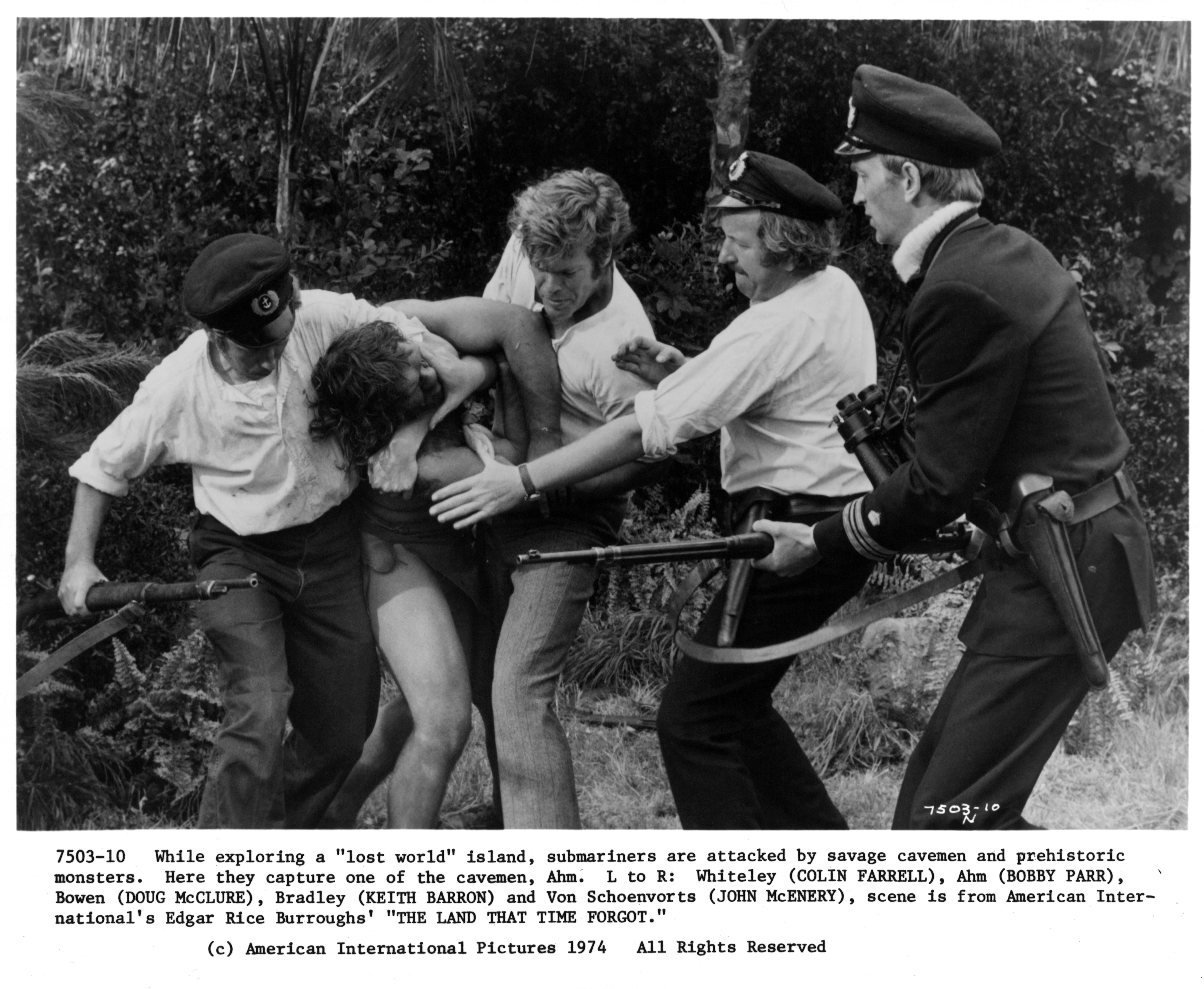 Still of Keith Barron, Colin Farrell, Doug McClure, John McEnery and Bobby Parr in The Land That Time Forgot (1975)