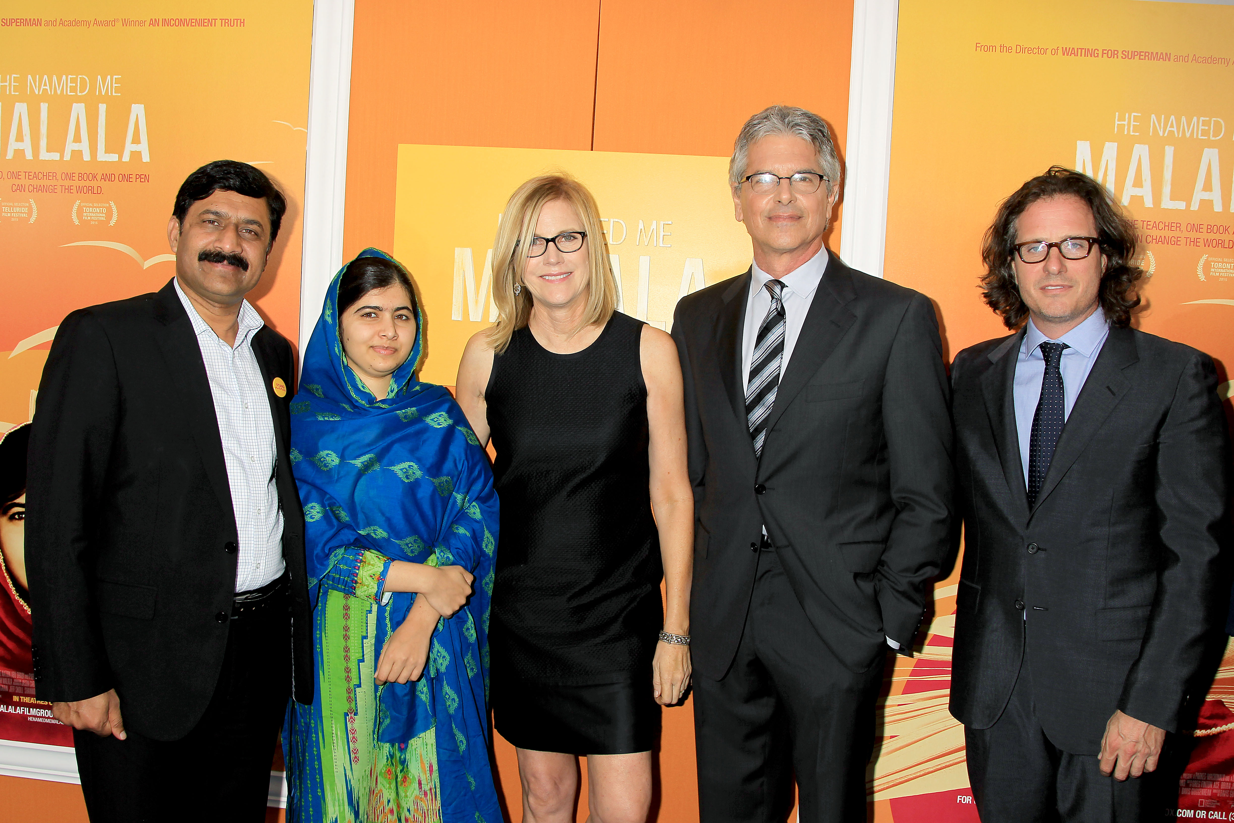 Still of Davis Guggenheim, Laurie MacDonald, Walter F. Parkes, Malala Yousafzai and Ziauddin Yousafzai in He Named Me Malala (2015)