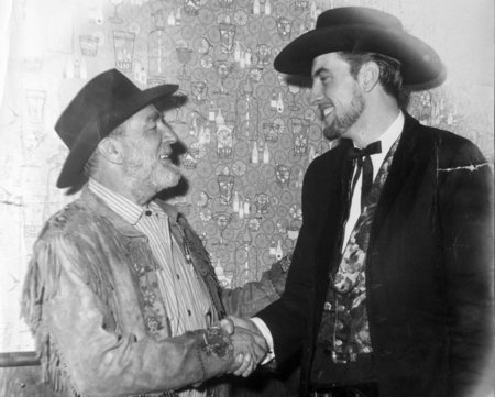 Publicity Photo from 1963 at Ghost Town in the Sky. Frank McGrath visits Ghost town as a celibrity gunfighter for RB Coburn. Pictured with him is Harry Valentine, 