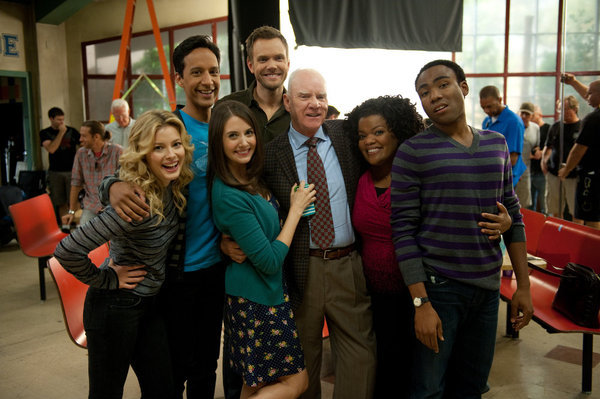 Still of Malcolm McDowell, Joel McHale, Yvette Nicole Brown, Alison Brie, Gillian Jacobs, Danny Pudi and Donald Glover in Community (2009)