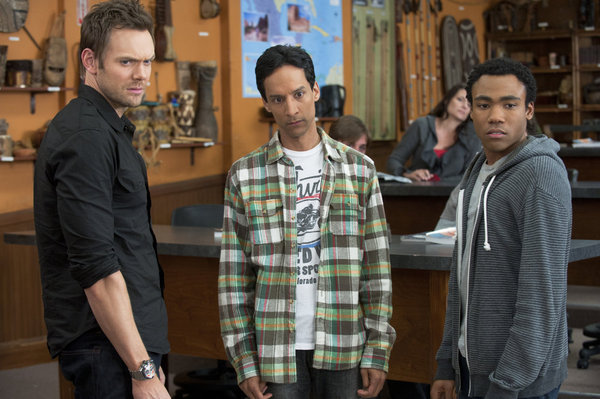 Still of Joel McHale, Danny Pudi and Donald Glover in Community (2009)