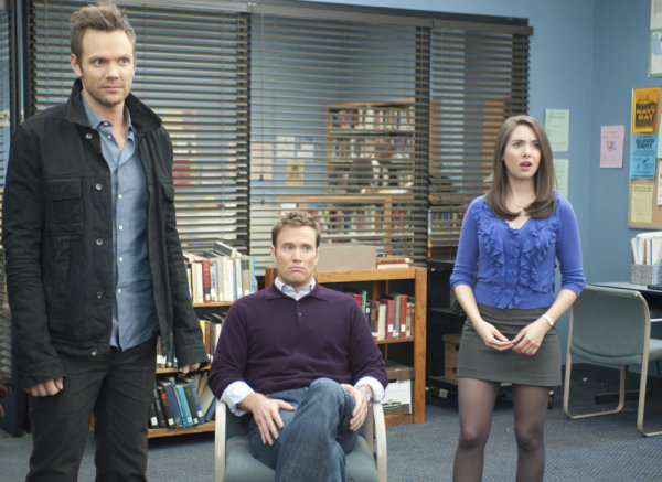 Still of Greg Cromer, Joel McHale and Alison Brie in Community (2009)