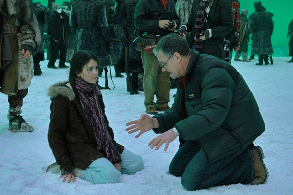 Robert McLachlan directing Sophie Tommy on set of The Golden Compass, Second Unit at Shepperton Studios, London. January 2007.