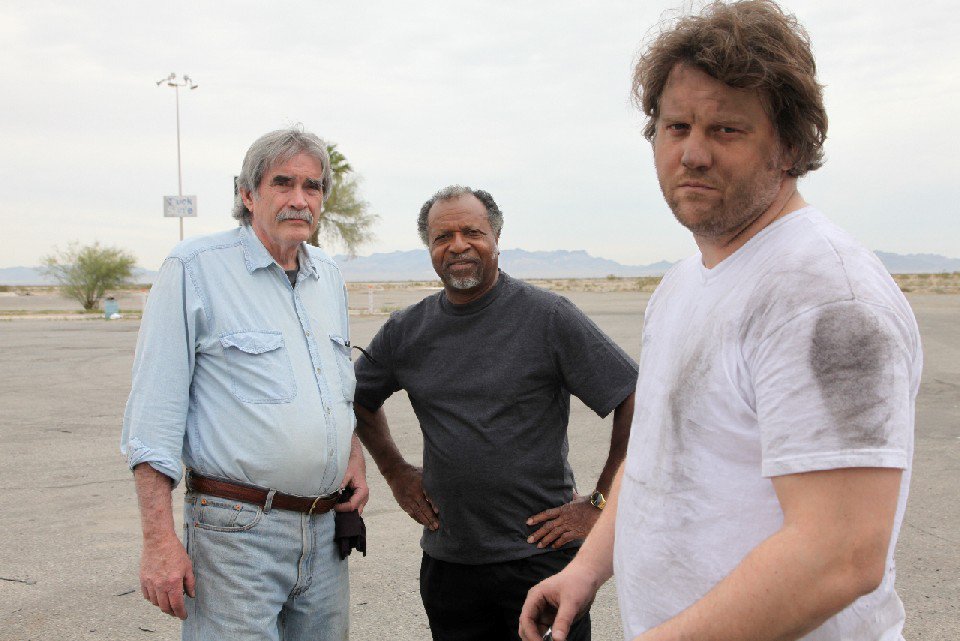 Johnny McPhail, Jesse Barksdale and Thad Lee pose between takes on the set of CARRIED AWAY at Blythe California.