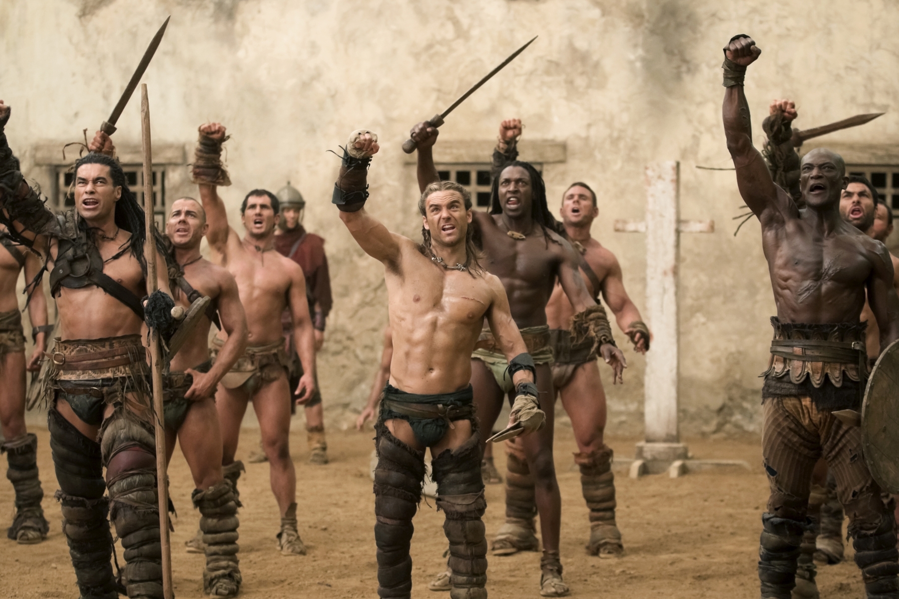 Still of Manu Bennett, Peter Mensah and Dustin Clare in Spartacus: Gods of the Arena (2011)